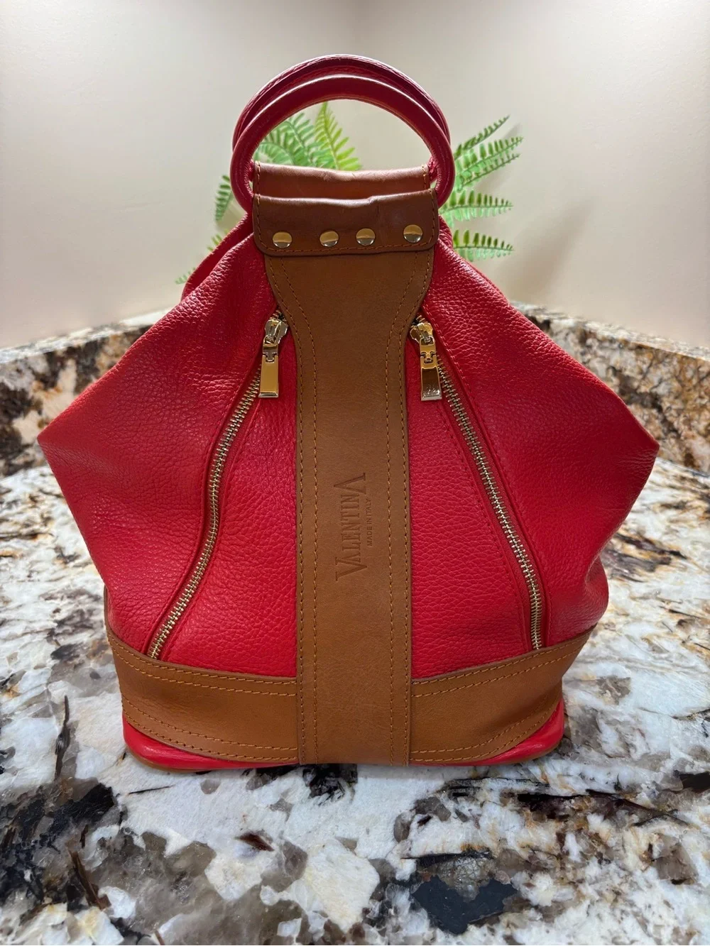Valentina Coral Orange  and Tan Leather Tote with Gold Hardware